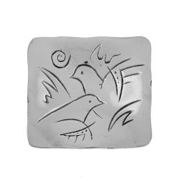 Decorative Metal Plate, Engraved 2 Dove Birds Design - Handmade Solid Aluminum, Silver Color, 9.5x9.5cm