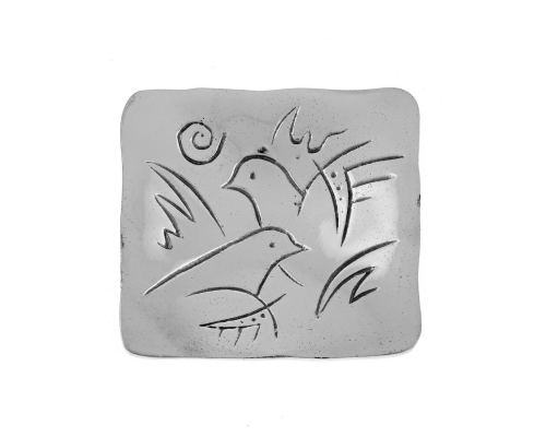 Decorative Metal Plate, Engraved 2 Dove Birds Design - Handmade Solid Aluminum, Silver Color, 9.5x9.5cm