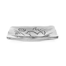 Decorative Metal Plate, Engraved 2 Dove Birds Design - Handmade Solid Aluminum, Silver Color, 9.5x9.5cm