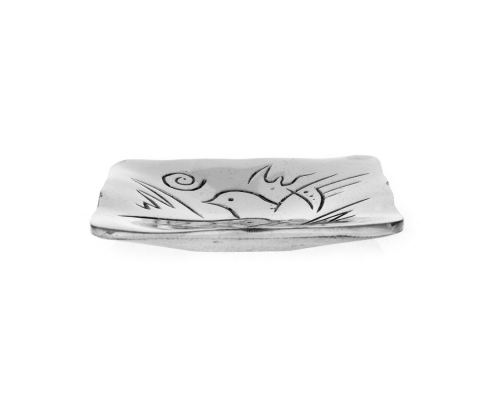 Decorative Metal Plate, Engraved 2 Dove Birds Design - Handmade Solid Aluminum, Silver Color, 9.5x9.5cm