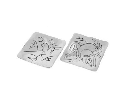 Decorative Metal Plate, Engraved 2 Dove Birds Design - Handmade Solid Aluminum, Silver Color, 9.5x9.5cm