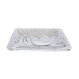 Decorative Metal Plate, Engraved Bird Design - Handmade, Silver Color, 17x17cm