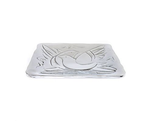 Decorative Metal Plate, Engraved Bird Design - Handmade, Silver Color, 17x17cm