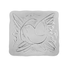 Decorative Metal Plate, Engraved Bird Design - Handmade, Silver Color, 17x17cm