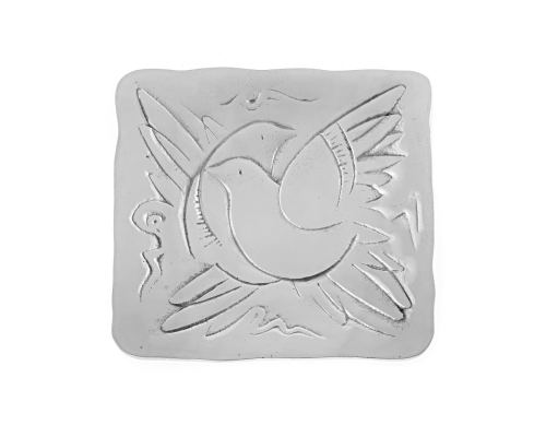 Decorative Metal Plate, Engraved Bird Design - Handmade, Silver Color, 17x17cm
