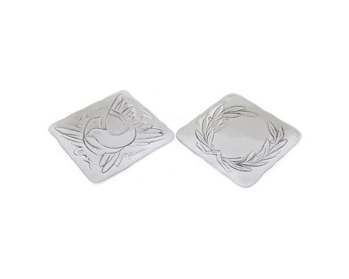 Decorative Metal Plate, Engraved Bird Design - Handmade, Silver Color, 17x17cm