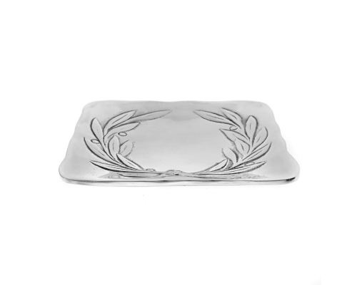 Decorative Metal Plate, Engraved Olive Wreath Design, Handmade, Silver Color 17x17cm
