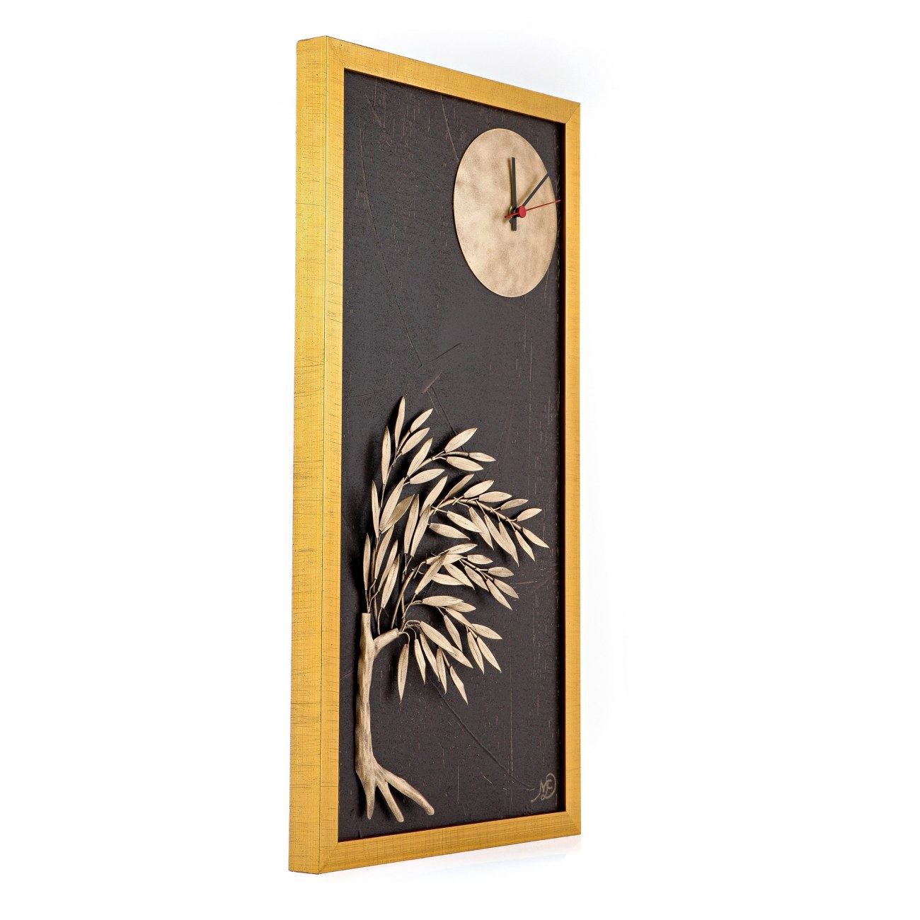 Olive Tree & Round Clock, Wood & Metal Framed Wall Art Ornament Gold