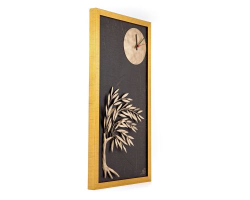 Olive Tree & Round Clock, Wood & Metal Framed Wall Art Ornament - Gold Color, Height 83cm (32.6'')