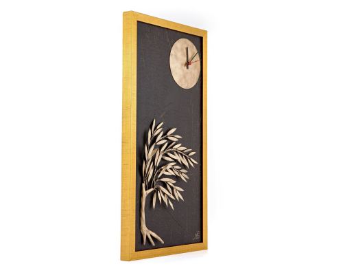 Olive Tree & Round Clock, Wood & Metal Framed Wall Art Ornament - Gold Color, Height 63cm (24.8'')