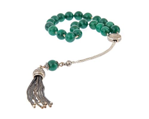 Greek Worry Beads, Handmade of Aventurine Gemstones, 925 Sterling Silver Chain, Tassel & Parts - Luxury Finishing 