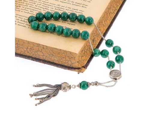 Greek Worry Beads, Handmade of Aventurine Gemstones, 925 Sterling Silver Chain, Tassel & Parts - Luxury Finishing 