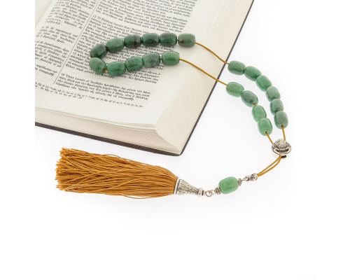 Greek Worry Beads, Handmade of Aventurine Gemstones, Silk Cord & Tassel - 925 Sterling Silver Parts & Taurus Horoscope Sign