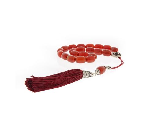 Greek Worry Beads, Handmade of Genuine Carnelian Gemstones, Silk Cord & Tassel, 925 Sterling Silver Parts - Scorpio Horoscope Star Sign