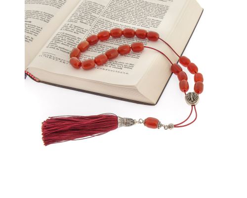 Greek Worry Beads, Handmade of Genuine Carnelian Gemstones, Silk Cord & Tassel, 925 Sterling Silver Parts - Scorpio Horoscope Star Sign