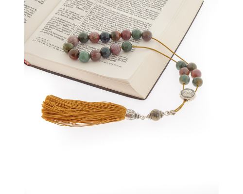 Greek Worry Beads, Handmade of Indian Agate Gemstones - 925 Sterling Silver Parts - Silk Tassel & Cord. Gemini Horoscope Star Sign 