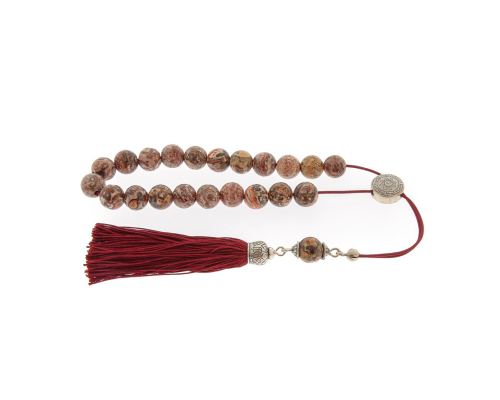 Greek Worry Beads - Handmade, Leopard Skin Jasper Gemstones - 925 Sterling Silver Parts, Silk Cord & Tassel