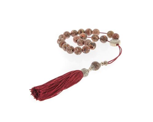 Greek Worry Beads - Handmade, Leopard Skin Jasper Gemstones - 925 Sterling Silver Parts, Silk Cord & Tassel