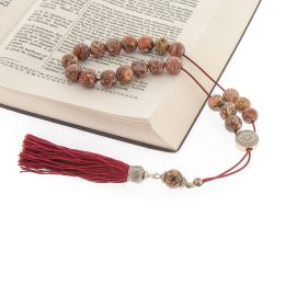 Greek Worry Beads - Handmade, Leopard Skin Jasper Gemstones - 925 Sterling Silver Parts, Silk Cord & Tassel