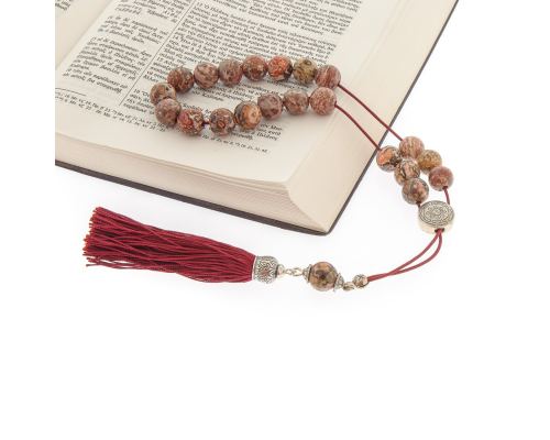 Greek Worry Beads - Handmade, Leopard Skin Jasper Gemstones - 925 Sterling Silver Parts, Silk Cord & Tassel