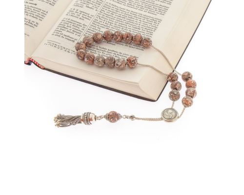 Greek Worry Beads - Handmade, Leopard Skin Jasper Gemstones - 925 Sterling Silver Chain, Tassel & Capricorn Horoscope Star Sign 