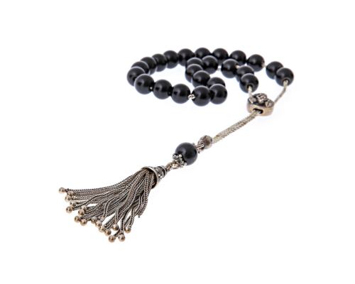 Greek Worry Beads, Handmade of Onyx Gemstones, 925 Sterling Silver Chain, Tassel & Parts