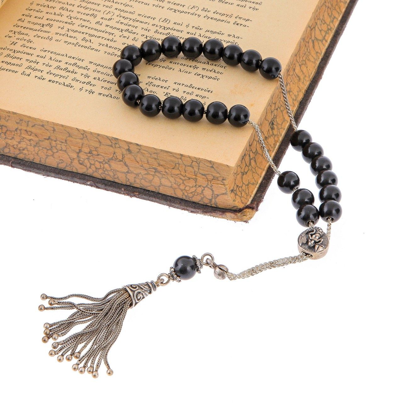 Greek Worry Beads, Handmade of Onyx Gemstones, 925 Sterling Silver
