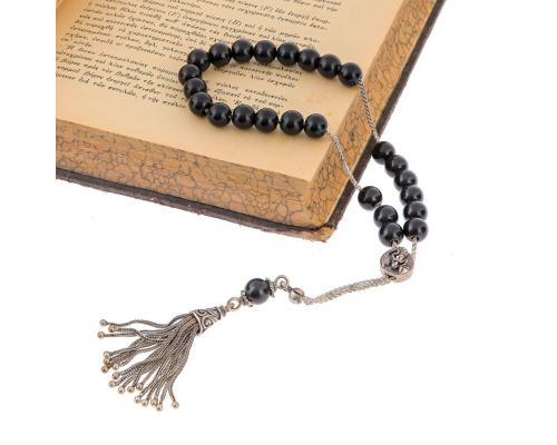 Greek Worry Beads, Handmade of Onyx Gemstones, 925 Sterling Silver Chain, Tassel & Parts