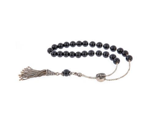 Greek Worry Beads, Handmade of Onyx Gemstones, 925 Sterling Silver Chain, Tassel & Parts