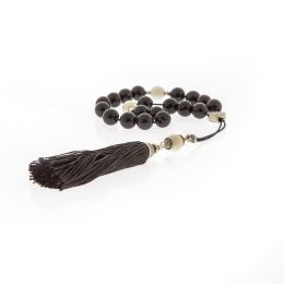 Greek Worry Beads, Handmade of Onyx Gemstones & Shell, Silk Cord & Tassel - 925 Sterling Silver Parts