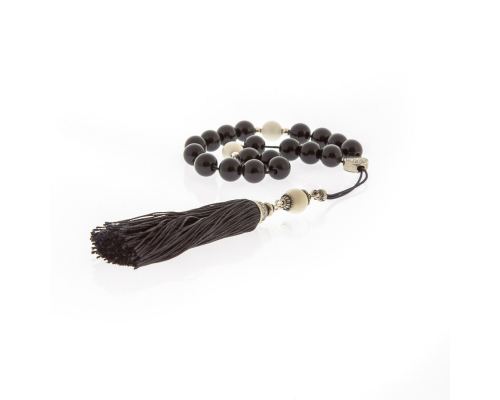 Greek Worry Beads, Handmade of Onyx Gemstones & Shell, Silk Cord & Tassel - 925 Sterling Silver Parts