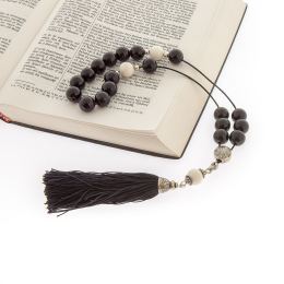 Greek Worry Beads, Handmade of Onyx Gemstones & Shell, Silk Cord & Tassel - 925 Sterling Silver Parts