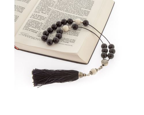 Greek Worry Beads, Handmade of Onyx Gemstones & Shell, Silk Cord & Tassel - 925 Sterling Silver Parts