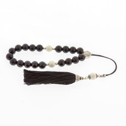 Greek Worry Beads, Handmade of Onyx Gemstones & Shell, Silk Cord & Tassel - 925 Sterling Silver Parts