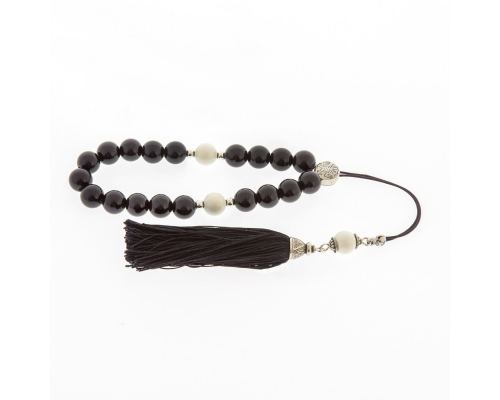 Greek Worry Beads, Handmade of Onyx Gemstones & Shell, Silk Cord & Tassel - 925 Sterling Silver Parts