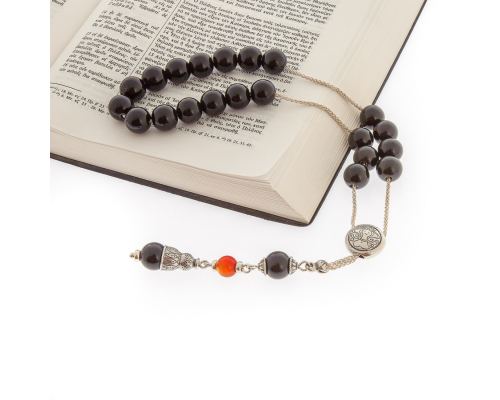 Greek Worry Beads, Hanndmade of Genuine Obsidian & Carnelian Gemstones, 925 Sterling Silver Chain & Parts - Virgo Horoscope Star Sign