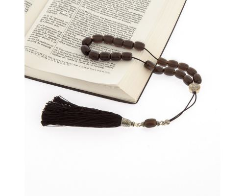 Greek Worry Beads, Handmade of Genuine Smokey Quartz Gemstones - Silk Cord & Tassel - 925 Sterling Silver Parts