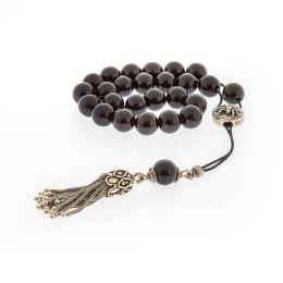 Greek Worry Beads, Handmade of Onyx Gemstones - Silk Cord & 925 Sterling Silver Parts & Tassel