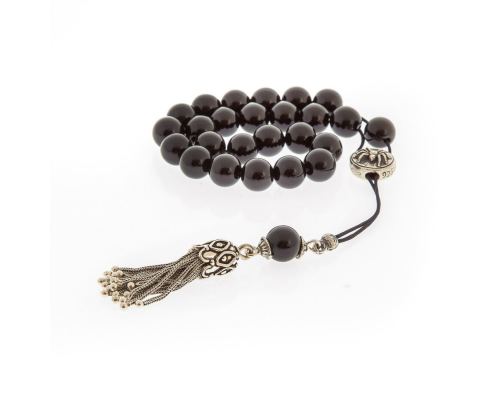 Greek Worry Beads, Handmade of Onyx Gemstones - Silk Cord & 925 Sterling Silver Parts & Tassel