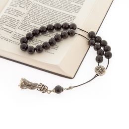 Greek Worry Beads, Handmade of Onyx Gemstones - Silk Cord & 925 Sterling Silver Parts & Tassel