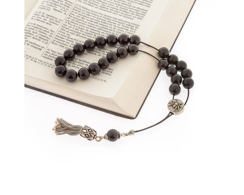 Greek Worry Beads, Handmade of Onyx Gemstones - Silk Cord & 925 Sterling Silver Parts & Tassel