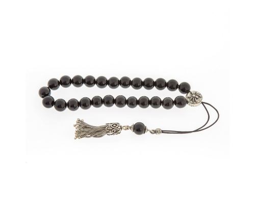 Greek Worry Beads, Handmade of Onyx Gemstones - Silk Cord & 925 Sterling Silver Parts & Tassel