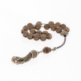 Greek Worry Beads, Handmade of Round Smokey Quartz Gemstones - Pure Silk Cord, 925 Sterling Silver Parts & Tassel