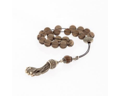 Greek Worry Beads, Handmade of Round Smokey Quartz Gemstones - Pure Silk Cord, 925 Sterling Silver Parts & Tassel