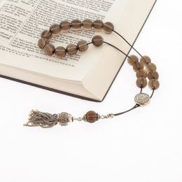 Greek Worry Beads, Handmade of Round Smokey Quartz Gemstones - Pure Silk Cord, 925 Sterling Silver Parts & Tassel