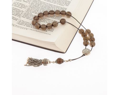 Greek Worry Beads, Handmade of Round Smokey Quartz Gemstones - Pure Silk Cord, 925 Sterling Silver Parts & Tassel