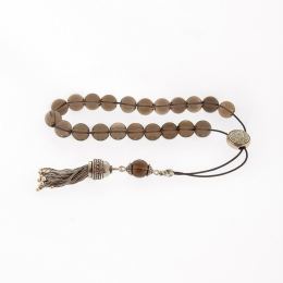 Greek Worry Beads, Handmade of Round Smokey Quartz Gemstones - Pure Silk Cord, 925 Sterling Silver Parts & Tassel