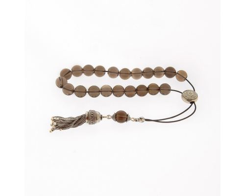 Greek Worry Beads, Handmade of Round Smokey Quartz Gemstones - Pure Silk Cord, 925 Sterling Silver Parts & Tassel