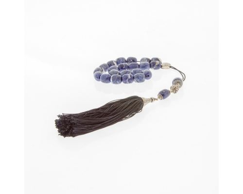 Greek Worry Beads, Handmade of Sodalite Gemstones - 925 Sterling Silver Decor Parts, Silk Cord & Tassel