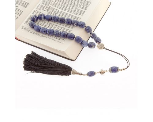 Greek Worry Beads, Handmade of Sodalite Gemstones - 925 Sterling Silver Decor Parts, Silk Cord & Tassel